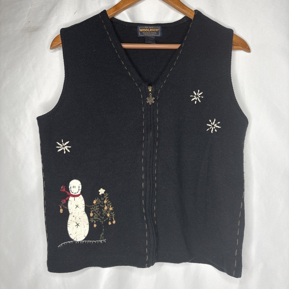 Vintage Woolrich Women's Small Winter Snowman Embroidered Full Zip Black Vest